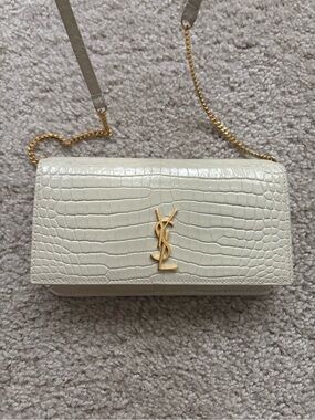Saint Laurent Cassandre Cream Croc-Embossed Leather Chain Wallet Gold Hardware